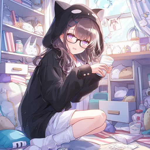 Japanese Light Novel art, an anime woman wearing a cat-vampire kigu, it looks very cute on her with a big contrast between her porcelain white face and the black cat-vampire hood of the kigu, she's pretending to paw a glass of milk on her shelf, messy shelf with drawers open in a staircase fashion with piles of unfolded clothes in them, curtains drawn over windows, light-blue wall with cracks in walls, cat vampire poster on her wall to the right --niji 6