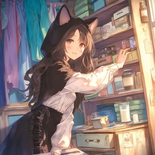 Japanese Light Novel art, an anime woman wearing a cat vampire kigu, it looks very cute on her with a big contrast between her porcelain white face and the black cat vampire hood of the kigu, she's pretending to paw a glass of milk on her shelf, messy shelf with drawers open in a staircase fashion with piles of unfolded clothes in them, curtains drawn over windows, light-blue wall with cracks in walls --niji 6