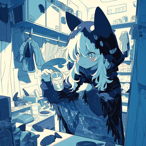 Japanese Light Novel art, an anime woman wearing a cat vampire kigu, it looks very cute on her with a big contrast between her porcelain white face and the black cat vampire hood of the kigu, she's pretending to paw a glass of milk on her shelf, messy shelf with drawers open in a staircase fashion with piles of unfolded clothes in them, curtains drawn over windows, light-blue wall with cracks in walls --niji 6