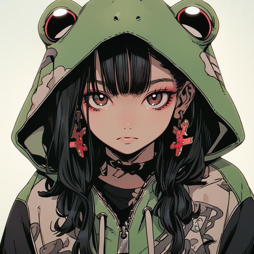 Japanese Light Novel art, on the silver carpet, a short svelte medium tan Latina actress, wearing a designer amphibian kigu with the hoodie looking like a frog's face, the Latina has a triangle face, round short chin, pencil thinned eyebrows, brown eyes with heavy gothic eyeliner, hollow cheeks, big red lips --niji 5