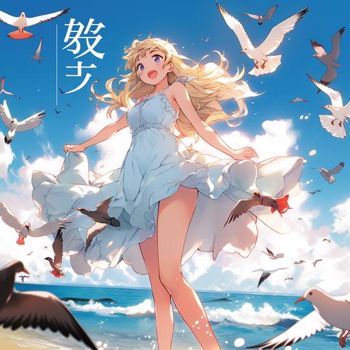 Japanese Light Novel cover, in a parody of beach based TV series, a woman runs towards the perspective with her fists clenched, blonde hair, wearing a sun dress, Foreshortening techniques, time-lapse motion blur, seagulls fly overhead --niji 5