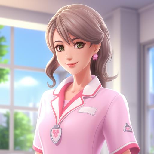 Japanese animation, a beautiful elegant gentle middle aged female nurse, white and pink nurse uniform , 4k, smiling, Master of the nurse, palliative care, no hat, kinetsuno yaiba.