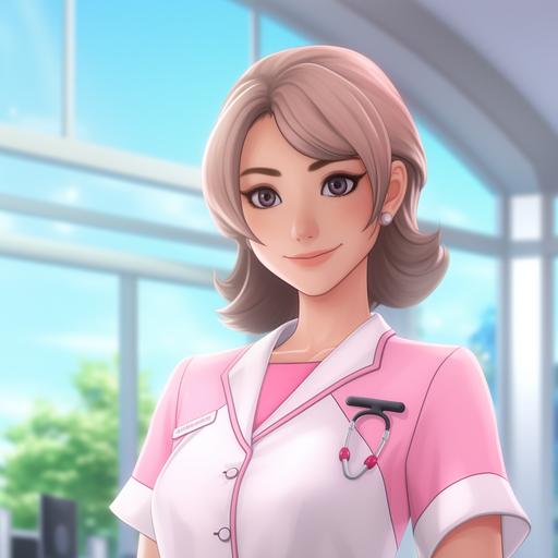 Japanese animation, a beautiful elegant gentle middle aged female nurse, white and pink nurse uniform , 4k, smiling, Master of the nurse, palliative care, no hat, kinetsuno yaiba.