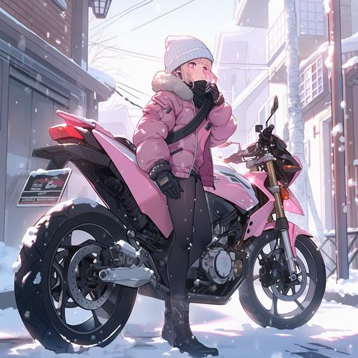 Japanese beautiful mature woman riding a sports motorcycle, Japanese beautiful mature woman wearing a black helmet, a pink rider's jacket and a mini skirt, A scene of riding on a snowy road with a pastel pink motorcycle, Midday, anime --ar 1:1 --niji 5