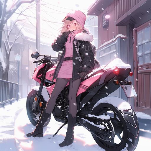Japanese beautiful mature woman riding a sports motorcycle, Japanese beautiful mature woman wearing a black helmet, a pink rider's jacket and a mini skirt, A scene of riding on a snowy road with a pastel pink motorcycle, Midday, anime --ar 1:1 --niji 5