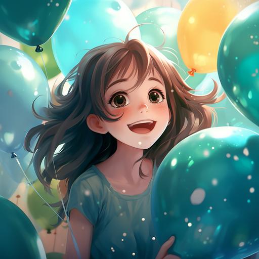 Japanese cartoon, female, 20 years old, big eyes, exquisite, happy smile, depth of field effect, floating colored balloons, Teal dress