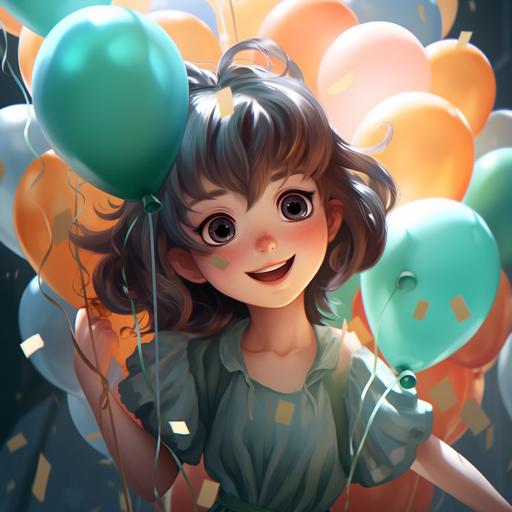 Japanese cartoon, female, 20 years old, big eyes, exquisite, happy smile, depth of field effect, floating colored balloons, Teal dress