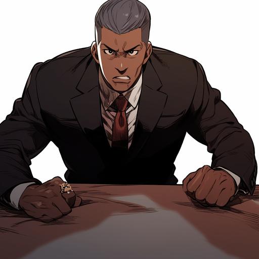 Japanese comic style, 1940s Taiwanese man holding the table with both hands, standing angry, mouth super open, middle-aged and strong, dark skin, wearing Japanese suit, Undercut, Dutch angle, full body, white background --niji 5