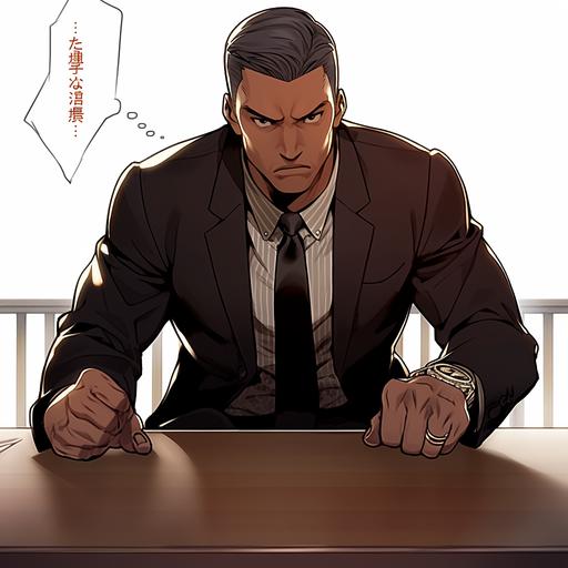 Japanese comic style, 1940s Taiwanese man holding the table with both hands, standing angry, mouth super open, middle-aged and strong, dark skin, wearing Japanese suit, Undercut, Dutch angle, full body, government conference room background --niji 5