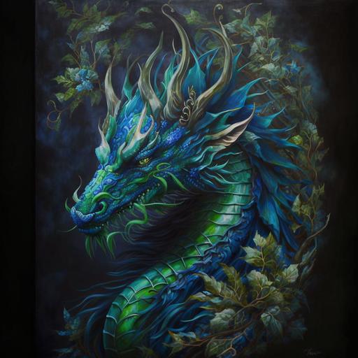 Japanese dragon head oil painting bold blue and green colors intricate--ar 3:2 --v 4