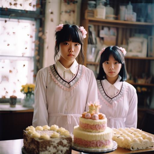 Japanese film,movie, Japanese cake shop, girl, real Japanese high school students,beautiful, holding hands, formalin,Exquisite decoration,sun shines in,clear skin, clear skin, full body portrait, realistic vintage photography, lighting, photography, exquisite texture, film photography, Fuji film,Japanese fresh photography, digital photography,ae1, Shot on 35mm, whole body portrait, realistic vintage photography, lighting, photography,exquisite texture, film photography, Fuji film, Fuji film, Japanese fresh photography, high light photography, photorealistic vogue style, Fuji ae1, shot on 35mm, f2.8,textured skin, high details, film grain, Wide - Angle, cowboy shot,global illumination, natural light, 4k - - ar4:3 - - v 5. 1 --s 750