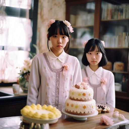 Japanese film,movie, Japanese cake shop, girl, real Japanese high school students,beautiful, holding hands, formalin,Exquisite decoration,sun shines in,clear skin, clear skin, full body portrait, realistic vintage photography, lighting, photography, exquisite texture, film photography, Fuji film,Japanese fresh photography, digital photography,ae1, Shot on 35mm, whole body portrait, realistic vintage photography, lighting, photography,exquisite texture, film photography, Fuji film, Fuji film, Japanese fresh photography, high light photography, photorealistic vogue style, Fuji ae1, shot on 35mm, f2.8,textured skin, high details, film grain, Wide - Angle, cowboy shot,global illumination, natural light, 4k - - ar4:3 - - v 5. 1 --s 750