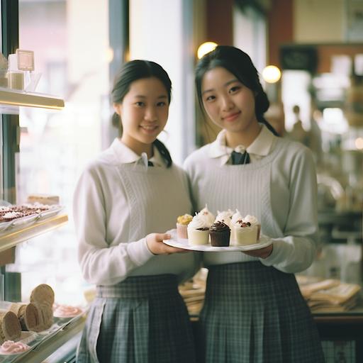 Japanese film,movie, Japanese cake shop, girl, real Japanese high school students,beautiful, holding hands, formalin,Exquisite decoration,sun shines in,clear skin, clear skin, full body portrait, realistic vintage photography, lighting, photography, exquisite texture, film photography, Fuji film, Fuji film, Japanese fresh photography, ae1, Shot on 35mm, whole body portrait, realistic vintage photography, lighting, photography,exquisite texture, film photography, Fuji film, Fuji film, Japanese fresh photography, high light photography, photorealistic vogue style, Fuji ae1, shot on 35mm, f2.8,textured skin, high details, film grain, Wide - Angle, cowboy shot,global illumination, natural light, 4k - - ar4:3 - - v 5. 1 --s 750