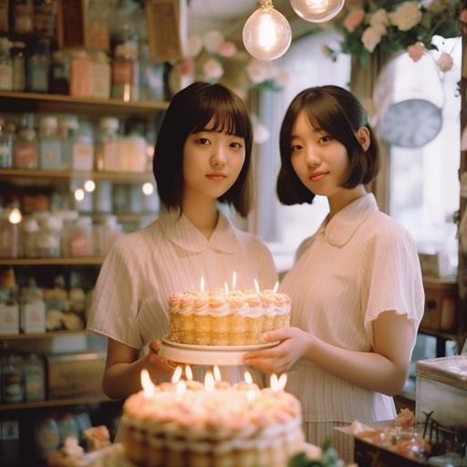 Japanese film,movie, Japanese cake shop, girl, real Japanese high school students,beautiful, holding hands, formalin,Exquisite decoration,sun shines in,clear skin, clear skin, full body portrait, realistic vintage photography, lighting, photography, exquisite texture, film photography, Fuji film,Japanese fresh photography, digital photography,ae1, Shot on 35mm, whole body portrait, realistic vintage photography, lighting, photography,exquisite texture, film photography, Fuji film, Fuji film, Japanese fresh photography, high light photography, photorealistic vogue style, Fuji ae1, shot on 35mm, f2.8,textured skin, high details, film grain, Wide - Angle, cowboy shot,global illumination, natural light, 4k - - ar4:3 - - v 5. 1 --s 750