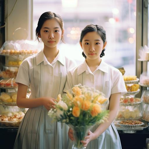 Japanese film,movie, Japanese cake shop, girl, real Japanese high school students,beautiful, holding hands, formalin,Exquisite decoration,sun shines in,clear skin, clear skin, full body portrait, realistic vintage photography, lighting, photography, exquisite texture, film photography, Fuji film, Fuji film, Japanese fresh photography, ae1, Shot on 35mm, whole body portrait, realistic vintage photography, lighting, photography,exquisite texture, film photography, Fuji film, Fuji film, Japanese fresh photography, high light photography, photorealistic vogue style, Fuji ae1, shot on 35mm, f2.8,textured skin, high details, film grain, Wide - Angle, cowboy shot,global illumination, natural light, 4k - - ar4:3 - - v 5. 1 --s 750