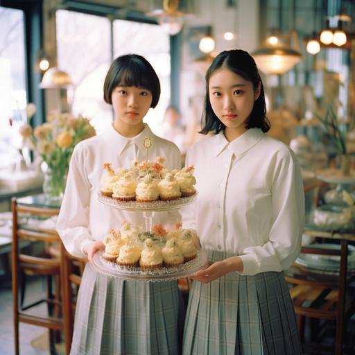 Japanese film,movie, Japanese cake shop, girl, real Japanese high school students,beautiful, holding hands, formalin,Exquisite decoration,sun shines in,clear skin, clear skin, full body portrait, realistic vintage photography, lighting, photography, exquisite texture, film photography, Fuji film,Japanese fresh photography, digital photography,ae1, Shot on 35mm, whole body portrait, realistic vintage photography, lighting, photography,exquisite texture, film photography, Fuji film, Fuji film, Japanese fresh photography, high light photography, photorealistic vogue style, Fuji ae1, shot on 35mm, f2.8,textured skin, high details, film grain, Wide - Angle, cowboy shot,global illumination, natural light, 4k - - ar4:3 - - v 5. 1 --s 750