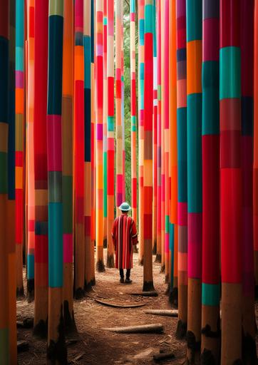 Japanese man in colorful kimono orienteering huge forest maze of corrugated grand pillars and arches, 1988 by elsa bleda, minimal male figures --ar 5:7 --stylize 50 --v 5.2