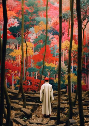 Japanese man in colorful kimono orienteering through huge forest maze of exotic flora and fauna, 1988 by elsa bleda, minimal male figures --ar 5:7 --stylize 50 --v 5.2