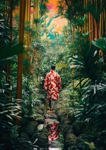 Japanese man in colorful kimono orienteering through huge forest maze of exotic flora and fauna, 1988 by elsa bleda, minimal male figures --ar 5:7 --stylize 50 --v 5.2