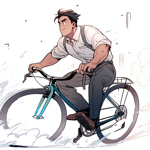 Japanese manga style, Taiwanese in the 1940s, handsome, blue eyes, dark skin, wearing a shirt, lifting one foot and stepping on a bicycle, white background, Dutch angle --niji 5