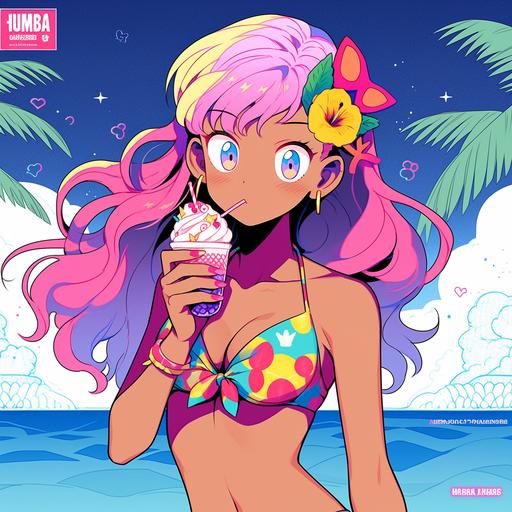 Japanese manga style in 1990, Bikini babe style, Aged texture, bold colours, A cute girl, Pink hair, wearing a colourful bikini, holding nothing, The background is a calm tropical sea horizon, half body, trendy toys design, a character portrait by okumura Togyu, featured on pixiv, toyism, tarot card, anime aesthetic, vibrant colors, dynamic angle, masterpiece, best quality, hyper details, no strange animals or plants --niji 5