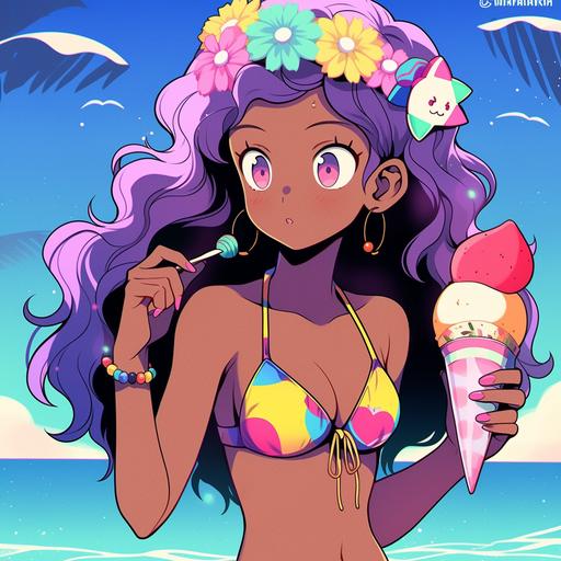 Japanese manga style in 1990, Bikini babe style, Aged texture, A cute black girl, curly afro, wearing a bikini, holding a ice cream, The background is a calm tropical sea horizon, half body, trendy toys design, a character portrait by okumura Togyu, featured on pixiv, toyism, tarot card, anime aesthetic, vibrant colors, dynamic angle, masterpiece, best quality, hyper details, no strange animals or plants --niji 5
