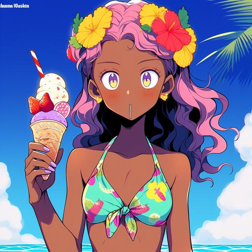 Japanese manga style in 1990, Bikini babe style, Aged texture, A cute black girl, curly afro, wearing a bikini, holding a ice cream, The background is a calm tropical sea horizon, half body, trendy toys design, a character portrait by okumura Togyu, featured on pixiv, toyism, tarot card, anime aesthetic, vibrant colors, dynamic angle, masterpiece, best quality, hyper details, no strange animals or plants --niji 5