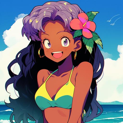 Japanese manga style in 1990, Smiling, black girl, tanned, really happy, glee, Bikini babe style, Aged texture, bold colours, A cute girl, Black braids, black hair, afro, african, ethnic, wearing a colourful bikini, waving, palm trees, The background is a calm tropical sea horizon, half body, trendy toys design, a character portrait by okumura Togyu, featured on pixiv, toyism, tarot card, anime aesthetic, vibrant colors, dynamic angle, masterpiece, best quality, hyper details, no strange animals or plants --niji 5
