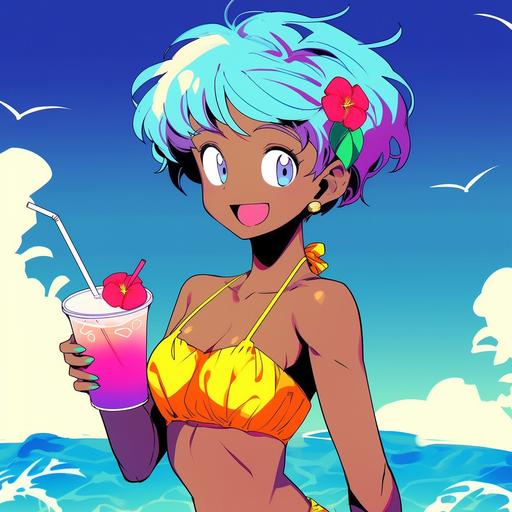 Japanese manga style in 1990, Smiling, black girl, tanned, really happy, glee, Bikini babe style, Aged texture, bold colours, A cute girl, Holding a icy drink, pink and orange icy drink, sparkles, shimmer, water droplets, Short blue hair, wearing a colourful bikini, waving, palm trees, The background is a calm tropical sea horizon, half body, trendy toys design, a character portrait by okumura Togyu, featured on pixiv, toyism, tarot card, anime aesthetic, vibrant colors, dynamic angle, masterpiece, best quality, hyper details, no strange animals or plants --niji 5