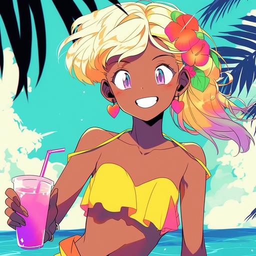Japanese manga style in 1990, Smiling, black girl, tanned, really happy, glee, Bikini babe style, Aged texture, bold colours, A cute girl, Holding a icy drink, pink and orange icy drink, sparkles, shimmer, water droplets, Short Blonde yellow hair, wearing a colourful bikini, waving, palm trees, The background is a calm tropical sea horizon, half body, trendy toys design, a character portrait by okumura Togyu, featured on pixiv, toyism, tarot card, anime aesthetic, vibrant colors, dynamic angle, masterpiece, best quality, hyper details, no strange animals or plants --niji 5