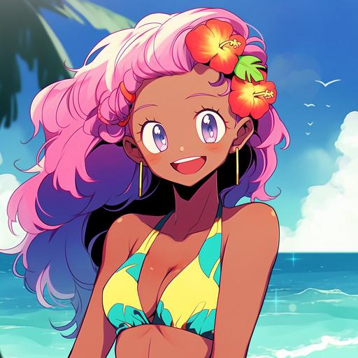 Japanese manga style in 1990, Smiling, black girl, tanned, really happy, glee, Bikini babe style, Aged texture, bold colours, A cute girl, Pink braids, Pink hair, afro, Caucasian, wearing a colourful bikini, waving, palm trees, The background is a calm tropical sea horizon, half body, trendy toys design, a character portrait by okumura Togyu, featured on pixiv, toyism, tarot card, anime aesthetic, vibrant colors, dynamic angle, masterpiece, best quality, hyper details, no strange animals or plants --niji 5