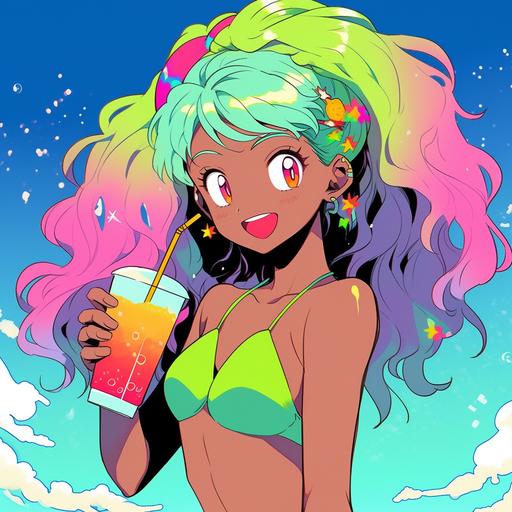Japanese manga style in 1990, Smiling, black girl, tanned, really happy, glee, Bikini babe style, Aged texture, bold colours, A cute girl, Holding a icy drink, pink and orange icy drink, sparkles, shimmer, water droplets, Short Rainbow hair, Rainbows, Rainbow Hair, Bright colours, Saturated, wearing a colourful bikini, waving, palm trees, The background is a calm tropical sea horizon, half body, trendy toys design, a character portrait by okumura Togyu, featured on pixiv, toyism, tarot card, anime aesthetic, vibrant colors, dynamic angle, masterpiece, best quality, hyper details, no strange animals or plants --niji 5