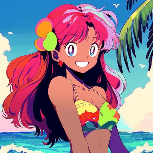 Japanese manga style in 1990, Smiling, really happy, glee, Bikini babe style, Aged texture, bold colours, A cute girl, short flourecant rainbow red hair, wearing a colourful bikini, waving, palm trees, The background is a calm tropical sea horizon, half body, trendy toys design, a character portrait by okumura Togyu, featured on pixiv, toyism, tarot card, anime aesthetic, vibrant colors, dynamic angle, masterpiece, best quality, hyper details, no strange animals or plants --niji 5