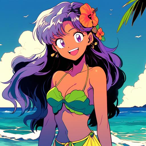 Japanese manga style in 1990, Smiling, really happy, glee, Bikini babe style, Aged texture, bold colours, A cute girl, rainbow braids hair, wearing a colourful bikini, waving, palm trees, dolphin in the background, The background is a calm tropical sea horizon, half body, trendy toys design, a character portrait by okumura Togyu, featured on pixiv, toyism, tarot card, anime aesthetic, vibrant colors, dynamic angle, masterpiece, best quality, hyper details, no strange animals or plants --niji 5
