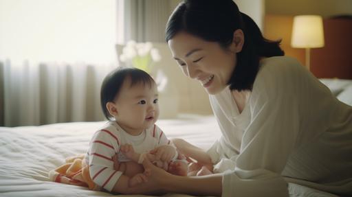 Playful Japanese mom tickling her baby's feet during a massage, high angle, medium format, Hasselblad X1D II, --ar 16:9 --c 05 --style raw