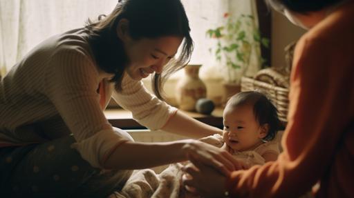 Playful Japanese mom tickling her baby's feet during a massage, high angle, medium format, Hasselblad X1D II, --ar 16:9 --c 05 --style raw