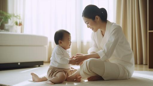 Playful Japanese mom tickling her baby's feet during a massage, high angle, medium format, Hasselblad X1D II, --ar 16:9 --c 05 --style raw