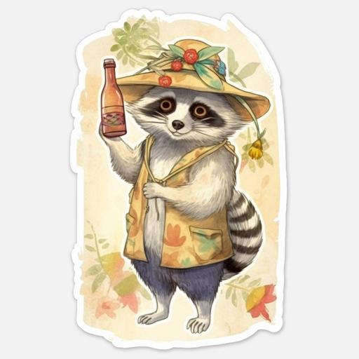 Japanese mythology, raccoon wearing a yellow triangular-shaped Asian-style straw hat, tipsy and excited expression, holding a bottle of sake in one hand and a tree leaf in the other, soft colors and whimsical style, clear sticker design, Japanese style, watercolor, using soft brushwork and subtle tones, --ar 1:1 --v 5