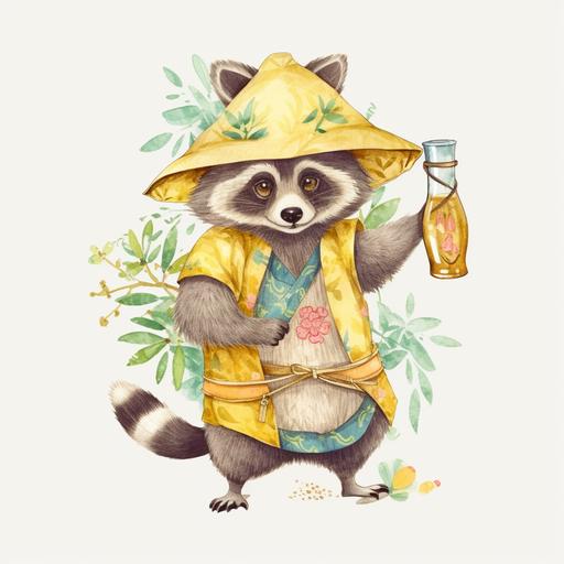 Japanese mythology, raccoon wearing a yellow triangular-shaped Asian-style straw hat, tipsy and excited expression, holding a bottle of sake in one hand and a tree leaf in the other, soft colors and whimsical style, clear sticker design, Japanese style, watercolor, using soft brushwork and subtle tones, --ar 1:1 --v 5