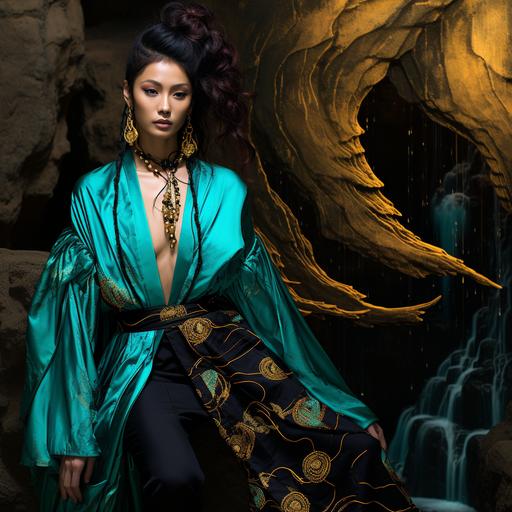 Japanese shinobi woman, black kimono, gold kintsugi pattern in fabric, gold and turquoise metal hair pin, cave with turquoise waterfall, glowing stones, magic
