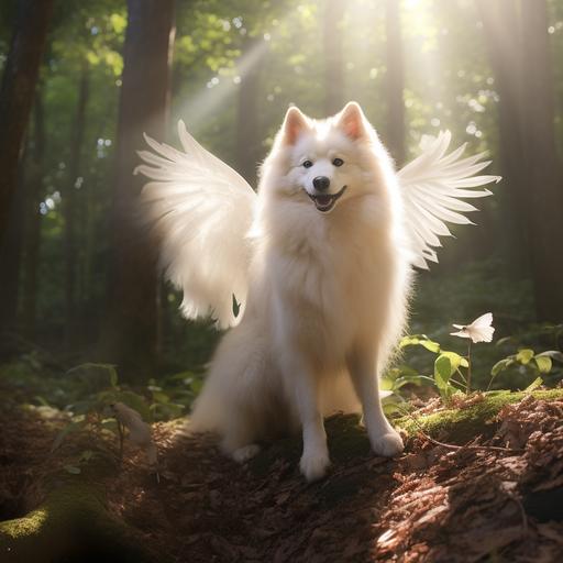 Japanese spitz mixed with Jindo dog with angel wings. In a forest