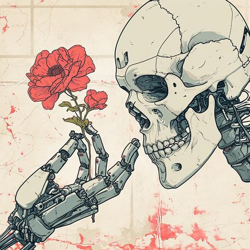 Japanese style art drawing of robot hands holding a human skull and plucking a flower that’s growing out of the skull --v 6.0