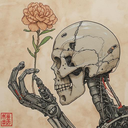 Japanese style art drawing of robot hands holding a human skull and plucking a flower that’s growing out of the skull --v 6.0