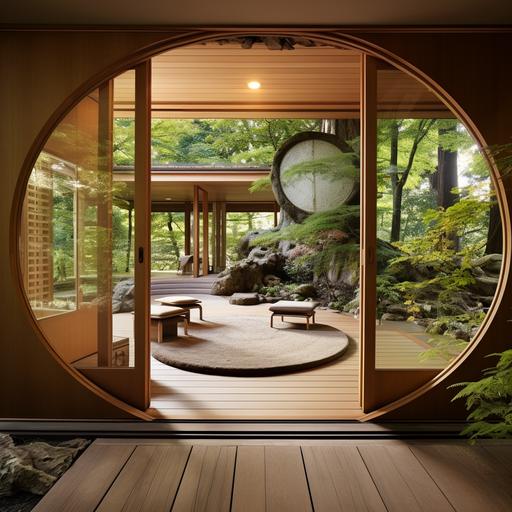 Japanese-style round door, with sliding wooden wings, wooden floor, side wall with glass door overlooking the garden