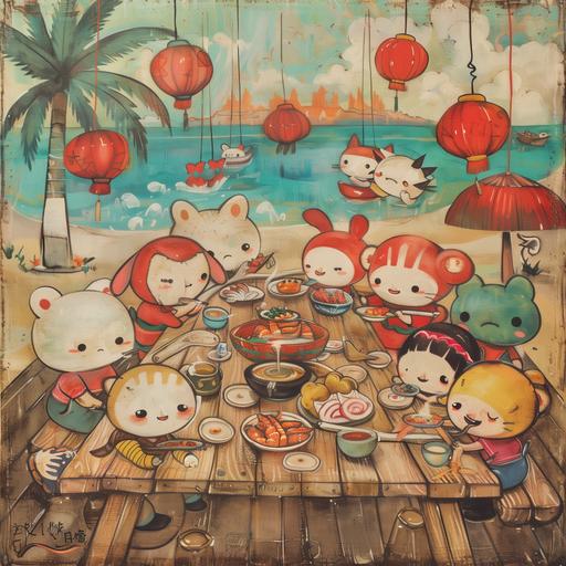 Japanese vintage kawai cute creatures style. In a long wooden table there is a groups of characters eating shrimp soup from a bowl and having a good time in a caribbean enviroment with palm and bit of sand in a wooden cabaña. The style of the caracters is vintage Sanrio kawai. Dominant Colors are red, vintage canvas white and a bit of green and yellow mustard. --v 6.0