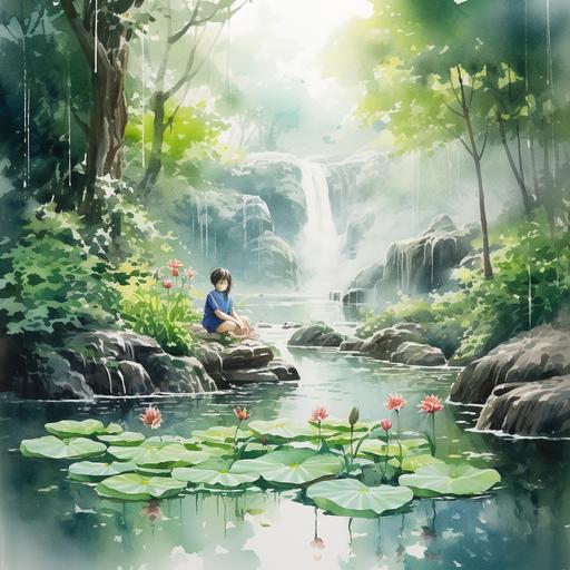 Japanese watercolor painting, florals, people, zen, garden, waterfall, lotus, koi fish, Nara forest, calligraphy