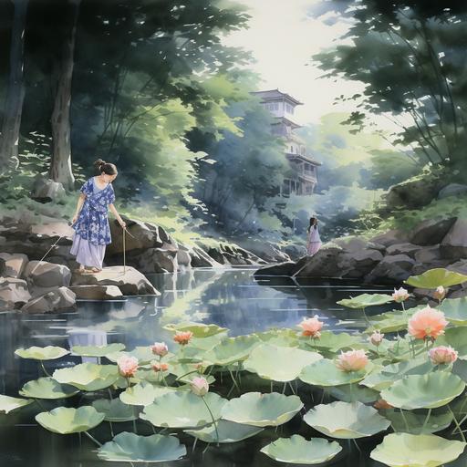 Japanese watercolor painting, florals, people, zen, garden, waterfall, lotus, koi fish, Nara forest, calligraphy