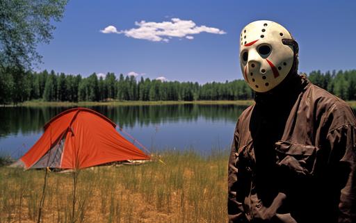 Jason Voorhees in a field near a camp lake, by Franco Fontana, camp sign with triskaidekaphobia, High Contrast, 32k, Full - HD, Ultra - HD, Megapixel --ar 16:10