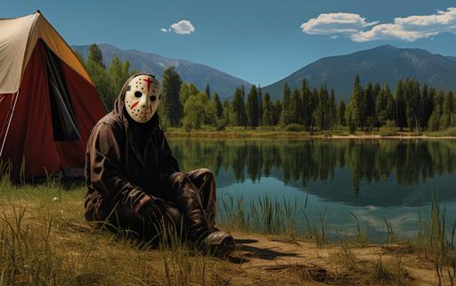 Jason Voorhees in a field near a camp lake, by Franco Fontana, camp sign with triskaidekaphobia, High Contrast, 32k, Full - HD, Ultra - HD, Megapixel --ar 16:10