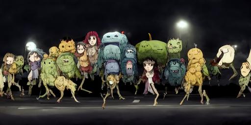 Anime style, a picture composed of 30 monsters walking on the road, including 3 table monsters, 3 chair monsters, 3 apple monsters, 3 TV monsters, 3 lamp monsters, 3 book monsters, 3 computer monsters, 3 pot monsters and 6 bus monsters, 8k,high detail --w 2000 --h 1000